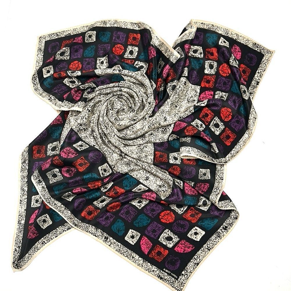 Albert Nipon Silk Square Scarf Abstract White Black Multicolor Geometric Trim